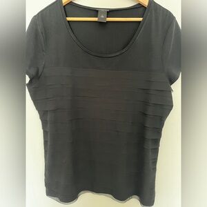 Ann Taylor black ruffle blouse with mesh veil material layered in front detail